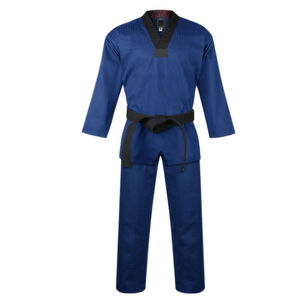 Dobok de Taekwondo con Cuello en V Azul, Diseño de Última Moda, Uniforme Aprobado con Cinturón Negro, Lavado, 100% Algodón Elástico, Duradero, Logotipo Personalizado, Transpirable - Product Image 1