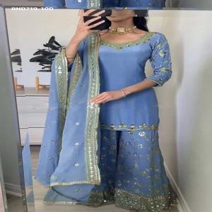 Nouvelle variété de tenues de fête en faux georgette avec broderie et travail de sequins, ensemble sharara-top et dupatta, fournisseur de vêtements ethniques de Surat. - Product Image 1