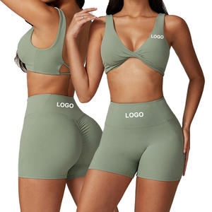 Ensemble de yoga 2 pièces pour femmes, leggings taille haute, haut court à bretelles croisées sans couture, couleur unie, vêtements de sport TZ8796 - Product Image 6
