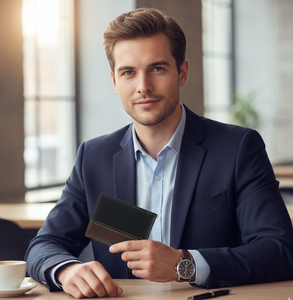 Portefeuille de cartes de crédit en cuir véritable Offre Spéciale personnalisé pour hommes Porte-cartes en cuir lisse avec blocage RFID Portefeuille mince à deux volets pour hommes - Product Image 1