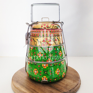 Luxury Stainless Steel Tiffin Box Hand Painted Design Heatable & <b>Portable</b> Dual Tier 2-Compartment - Product Image 5