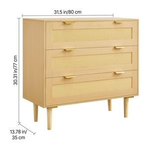 Commode moderne à 3 tiroirs en rotin pour chambre de style farmhouse, commode en rotin naturel avec poignées métalliques et pieds en bois - Product Image 5
