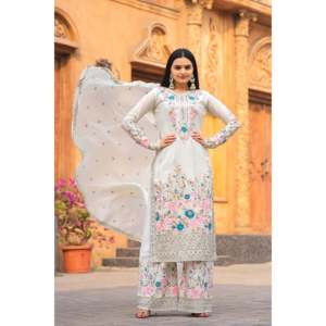Conjuntos Blancos de Diseñador Aarohi para Mujer, Top de Seda Chinon Pura y Plazzo Dupatta, Talla M, para Fiestas - Product Image 4