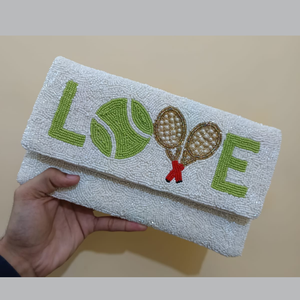 Pochette de soirée élégante pour femme, faite main, style bohème vintage, avec broderie perlée et impression typographique, fermeture à bouton - Product Image 1