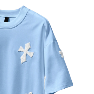 Light Blue Customized <b>Geometric</b> Embroidered Men's T-<b>Shirt</b> Short Sleeve Crew Neck Loose Fit 280g Front Logo Knitted Casual - Product Image 3