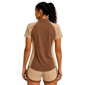Ensemble de sport pour femme marron beige : T-shirt à demi-zip et short, séchage rapide, manches courtes, tenue de sport pour gym, fitness, course et entraînement - Product Image 2