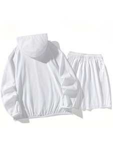 Men's White Polyester Hooded Jacket Shorts <b>Set</b> Casual Autumn Breathable Quick Dry Sportswear <b>Knitted</b> Printed Nonwoven 220g - Product Image 1