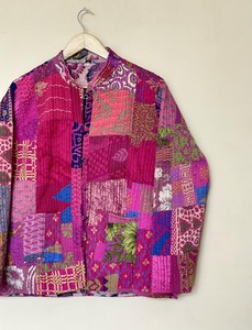 Nivisaa Indian Handmade Reversible Patchwork Kantha Quilted Wool Jacket Boho Streetwear <b>Coat</b> Womens Winter Vintage Puff Sleeve - Product Image 5