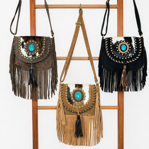 Bolso Bandolera de Cuero Vacuno Estilo Western con Flecos y Concho Turquesa, Bolso de Hombro de Cuero Genuino Estilo Boho para Mujer - Product Image 5