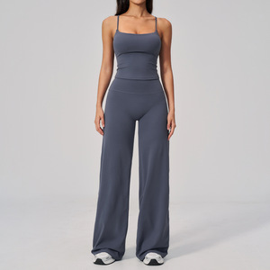 Combinaison de yoga pour femme à col montant, longue, à jambes évasées, sans couture, avec fermeture éclair sur le devant, couleur unie, en spandex et polyester, ensemble 1 pièce - Product Image 3