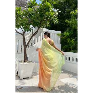 Sari de Chifón Verde Arcoíris sin Mangas, Étnico, Moderno, para Mujeres de India y Pakistán, Disponible en Todas las Temporadas, para Fiestas, Bodas y Eventos - Product Image 4