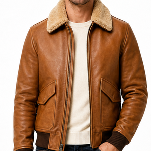 Chaqueta de cuero genuino marrón claro para hombre, de alta calidad y personalizada, con puños acanalados, cinturón, bolsillos con solapa y forro de sherpa. - Product Image 2