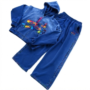 Conjunto Deportivo Azul con Capucha para Hombre, Bordado con Lentejuelas, Estilo Casual Otoñal, Tela Francesa 100% Algodón Transpirable - Product Image 1