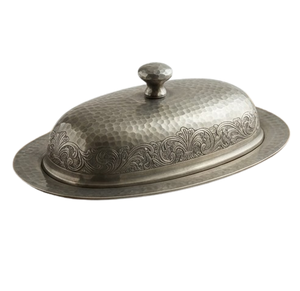 Beurrier ovale en argent avec couvercle, fait main, motif végétal gravé, vintage, en métal, pour cuisine, vaisselle de fête - Product Image 2