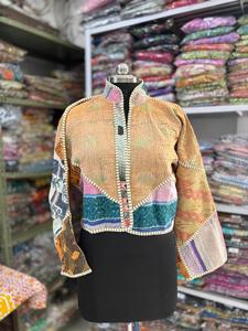 Indian Vintage Kantha Stitched Breathable Cotton Reversible Quilted Winter Jacket - Product Image 3