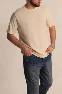 Men's Beige <b>Waffle</b> Knit T-<b>Shirt</b> Short Sleeve O-Neck Regular Fit Casual Solid Design Breathable Cotton Top - Product Image 3