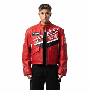 Blouson moto en cuir rouge avec impression par transfert thermique et motifs de patchs, col montant, fermeture éclair, pour homme - Product Image 1