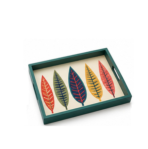Plateau de service ovale incassable, compatible lave-vaisselle, écologique, multifonctionnel, en bois/MDF/métal, motif feuilles colorées, bord rouge - Product Image 5