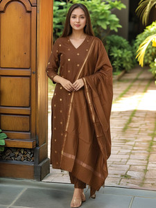 <b>Women</b> Brown Polka Dot <b>Kurta</b> Set Dupatta Traditional Rayon Quick Dry Knee-Length Regular Fit Casual Wear India Pakistan Style - Product Image 5