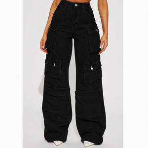 Pantalon cargo noir taille haute pour femme, coupe ample, style utilitaire, longueur intégrale avec plusieurs poches, idéal pour l'automne - Product Image 6