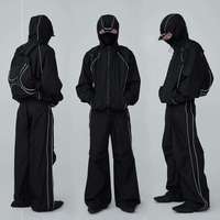 Ensemble de survêtement d'hiver léger à capuche pour homme, personnalisé, avec bande réfléchissante, en polyester/coton, noir, coupe ample et décontractée, avec cordon de serrage