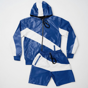 Men's Blue <b>White</b> Color Block Hooded Windproof Windbreaker <b>Jacket</b> Knitted Zipper <b>Shorts</b> Set Casual Summer Wear Quick Dry - Product Image 2