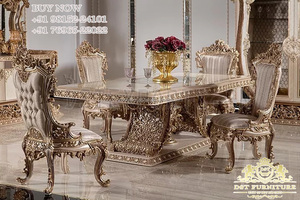 Juego de Mesa de Comedor de Madera de Teca Tallada a Mano Moderna con Acabado Dorado Europeo, Duradero, Tamaño y Color Personalizables - Product Image 6