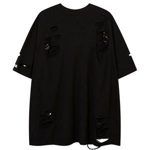 เสื้อยืดฮิปฮอปผู้ชายแบบขายส่ง สั่งทำได้ ทรงใหญ่ ขาดๆ แบบดิสเทรส คุณภาพสูง เสื้อยืดแขนสั้นลำลองสำหรับผู้ชาย - Product Image 2