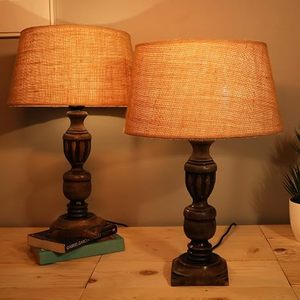 Vintage <b>Rustic</b> Wooden Tabletop <b>Table</b> Lamp Fabric Lampshade Torchiere Style <b>Bedside</b> Reading Light for Home Decor All Seasons - Product Image 3