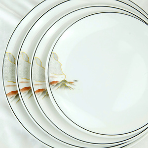 Asian Melamine Gold Inlay Flat <b>Plates</b> Set Pigmented <b>Black</b> Rim White Luxury Dinnerware Microwave Safe Dishwasher Safe Food Grade - Product Image 2