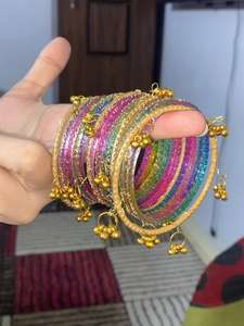 Trendy Geometric Silver Plated <b>Glass</b> <b>Bangles</b> Imitation Pearl Churiyan Set Custom Colors Wedding Party Wear - Product Image 5