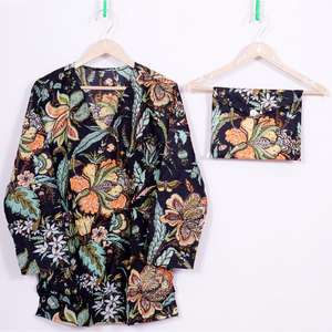 Ensemble de pyjama pour femme à manches trois-quarts, col en V, imprimé floral romantique, fait main, luxe, taille élastique, 100% coton, respirant, séchage rapide - Product Image 2