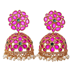 Real Kemp Jhumkas-Ethnic Drop Earrings with Pearl and Diamond Brass Alloy Copper Party Wedding Gift - Product Image 2