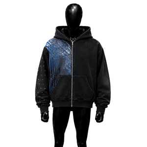 Sudadera con capucha negra extragrande con cremallera y estampado gráfico abstracto de ciudad, estilo urbano, de poliéster tejido, manga regular, estilo otoñal, premium - Product Image 1