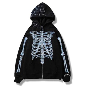 เสื้อฮู้ดซิปสไตล์สตรีทผ้าคอตตอนผสมสำหรับผู้ชาย แต่งลายปักแบบดิสเทรส ประดับด้วยคริสตัลแบบฮอตฟิกซ์ พร้อมดีเทลล้างสี - Product Image 3