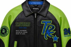 Blouson Bomber en Cuir PU Noir et Vert Néon pour Homme Triveers avec Patch Logo TR Brodé, Col Montant, Vêtement d'Hiver Fabriqué au Pakistan - Product Image 3
