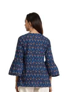 Haut évasé pour femme en coton indigo bleu à imprimé géométrique, avec manches cloche et col rond, conçu pour un style ethnique décontracté mondial - Product Image 2