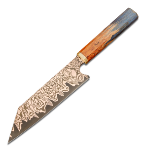 Cuchillo de cobre damasco hecho a mano con mango de madera y cobre y funda de cuero premium para uso profesional en la cocina. - Product Image 1