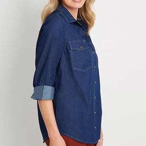 Camisas Vaqueras Elegantes para Mujer, 100% Algodón Orgánico, Dos Bolsillos Delanteros, Corte Casual, Estilo Vaquero, Camisa Vaquera Ajustada OEM - Product Image 4