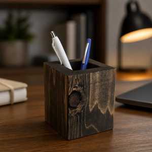 Wooden <b>Desk</b> Pen Holder Square <b>Rustic</b> Office Supply Organizer for Pens Pencils and Markers - Product Image 1