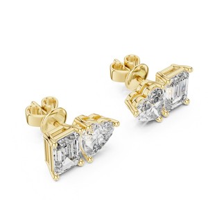 Boucles d'oreilles clous en or 18 carats avec diamants de laboratoire, deux pierres taille cœur et émeraude, bijoux pour femme pour mariage et soirée - Product Image 3