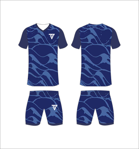 Custom Sublimated Plus Size Adult Soccer Uniform Set for <b>Men</b> with Navy Blue and Light Blue Wavy <b>Pattern</b> Jersey Matching <b>Shorts</b> - Product Image 4