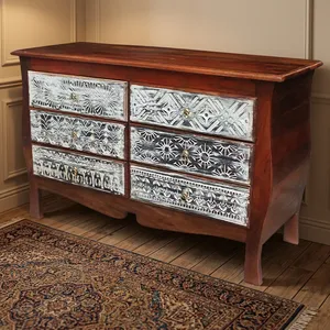 <b>Vintage</b> Indian Pure Mango Wood Solid Carved Storage Chest of Drawers Six Drawer Living Room <b>Cabinet</b> Sideboard Handmade Rajasthan - Product Image 1