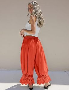 Women's Orange Chiffon Harem <b>Pants</b> High Waist Loose Calf-Length Bohemian Style With Lace Trim Drawstring Closure Summer Wear - Product Image 3