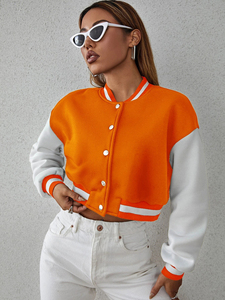 Orange <b>White</b> Contrast Baseball Jacket Full Sleeve Short Length <b>Button</b> Closure Women's Crop Top Jacket - Product Image 6