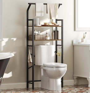Modern Industrial Wood Metal Three-Layer Bathroom Storage <b>Rack</b> with Hanging Rod 6 Hooks Foldable Waterproof Space Saving <b>Shelf</b> - Product Image 2