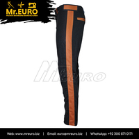 Pantalon de sport unisexe personnalisé en polyester noir avec rayures bleues et orange, imprimé par sublimation, séchage rapide, coupe ajustée, fermeture éclair, antibactérien