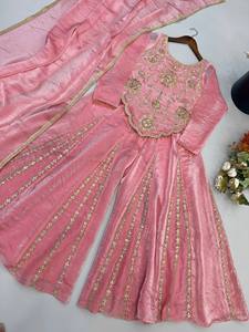 Nuevo Conjunto de Fiesta para Mujer de Diseñador, de Seda Pesada con Bordado y Lentejuelas, Top, Sharara, Plazzo y Dupatta, para Todas las Estaciones, Sin Arrugas - Product Image 5