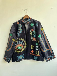 ดีไซน์เนอร์ ออกแบบอย่างมีสไตล์ สดใส ดั้งเดิม ปักลายซูซานี | เสื้อแจ็คเก็ตผ้าฝ้ายซูซานีทำมือ |   เสื้อโค้ทปักลายสไตล์โบฮีเมียน - Product Image 4