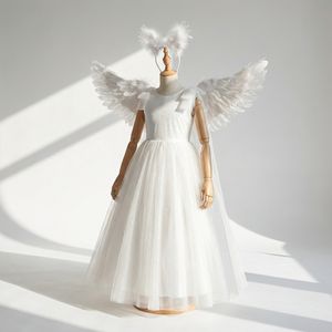 Vestido Largo de Encaje con Alas de Ángel Blancas para Niña, Elegante Vestido de Princesa para Fiesta, Gala, Evento Formal, Vestidos para Niñas para la Escuela o Festivales - Product Image 1